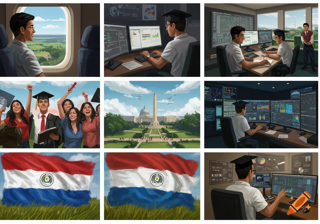 A nine-panel narrative illustration showing a man's journey: flying in an airplane, studying data science, graduating with friends, views of the National Mall, and working as an expert, interspersed with a Paraguayan flag.