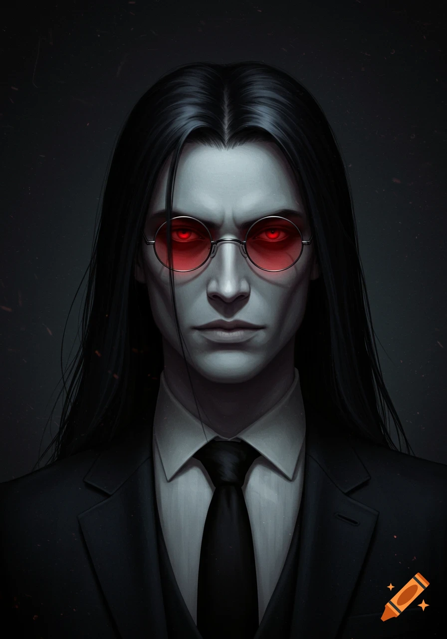 A dark fantasy portrait of a pale man with long black hair, round red-tinted glasses, and a black suit, looking directly forward.