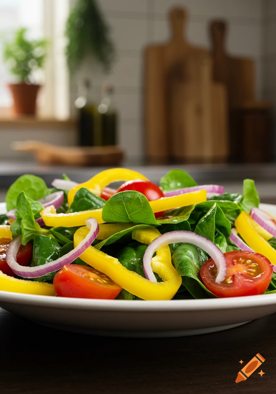 Vibrant close-up of a fresh salad with spinach, yellow bell peppers, red onions, and cherry tomatoes on a white plate, with a blurred kitchen background.