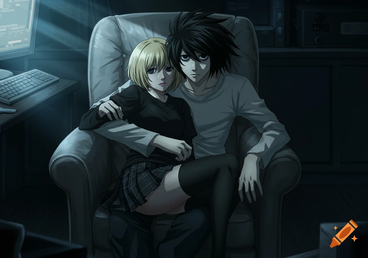 L Lawliet and a blonde girl in anime style, sitting and cuddling in an armchair in a dimly lit room with a computer.