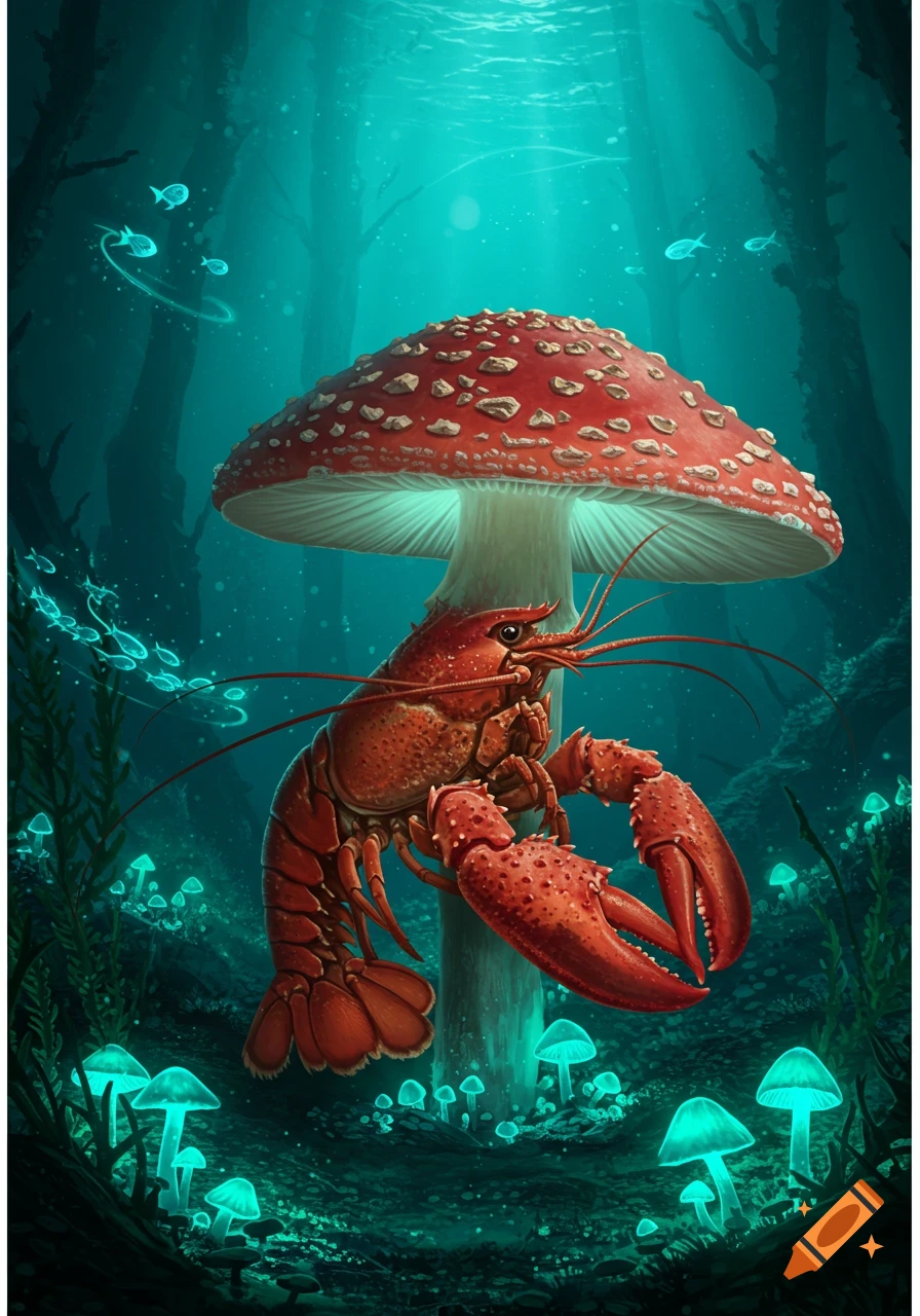 A vibrant red lobster-like creature with a mushroom cap body stands on a glowing mushroom in a mystical underwater forest.