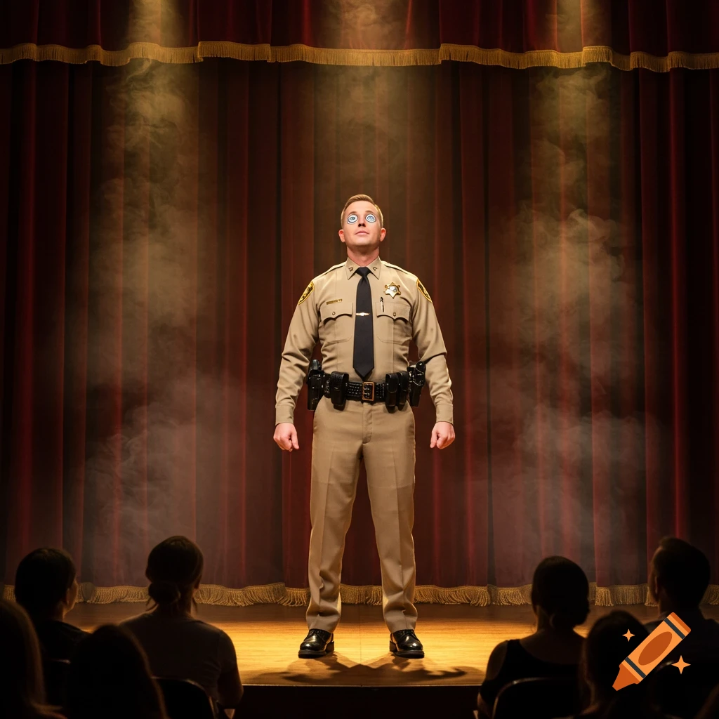 A photorealistic state trooper with googly eyes on a smoky stage looks up at spotlights, facing an audience.