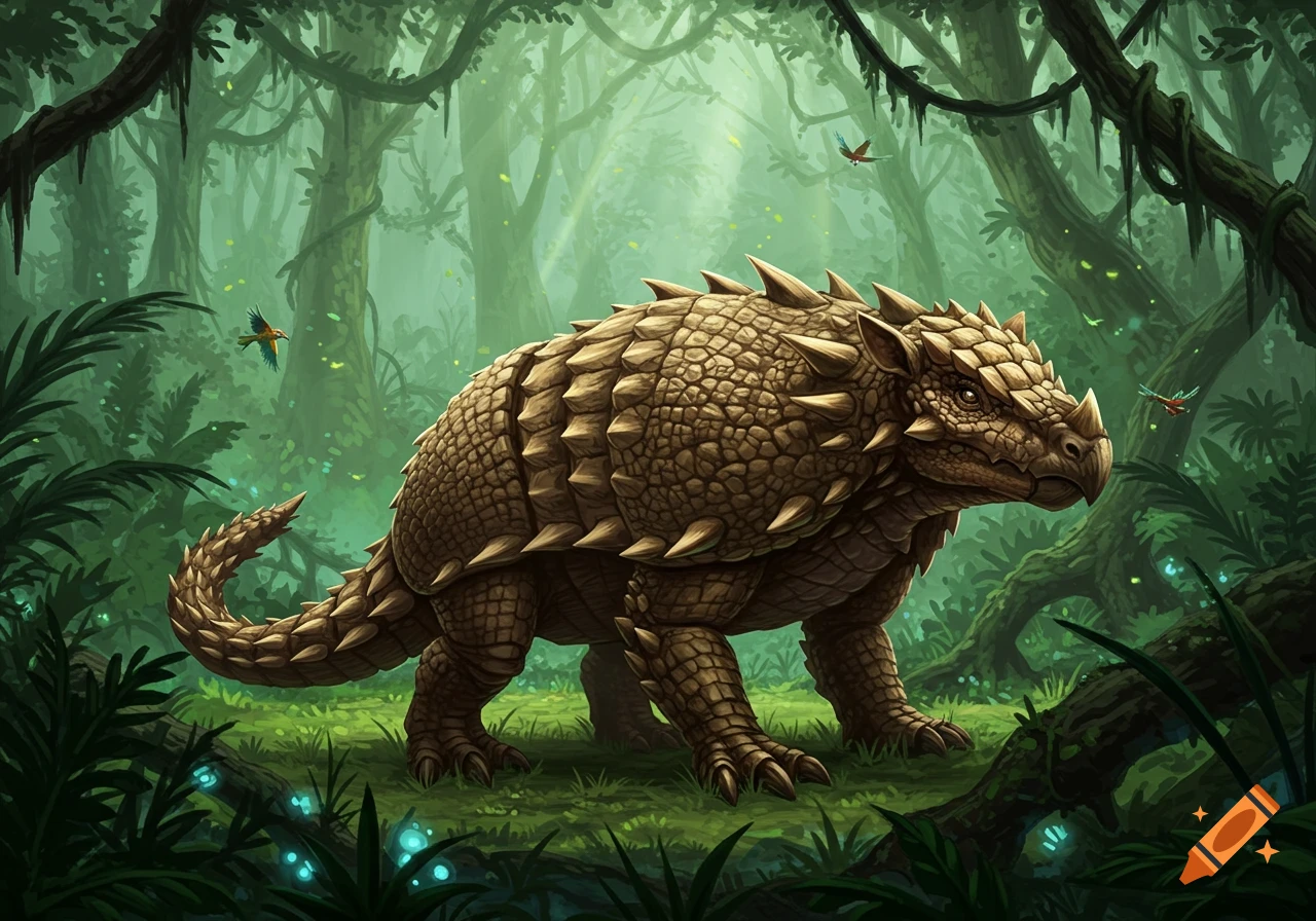 A detailed illustration of a large, brown, spiked creature resembling an armadillo or dinosaur in a lush, misty jungle with small birds.