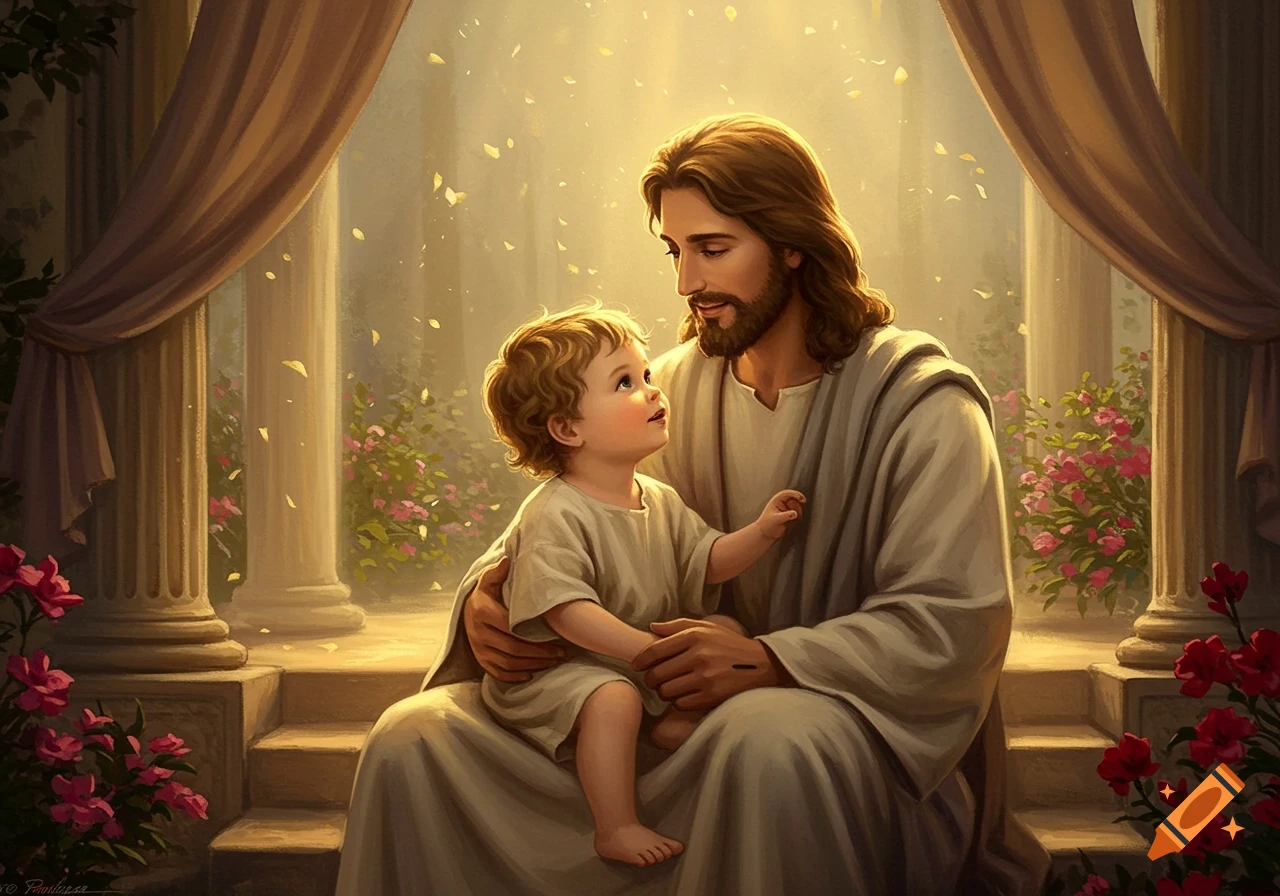 Digital painting of Jesus holding a child on his lap. The child looks up at Jesus under warm golden light with falling petals.