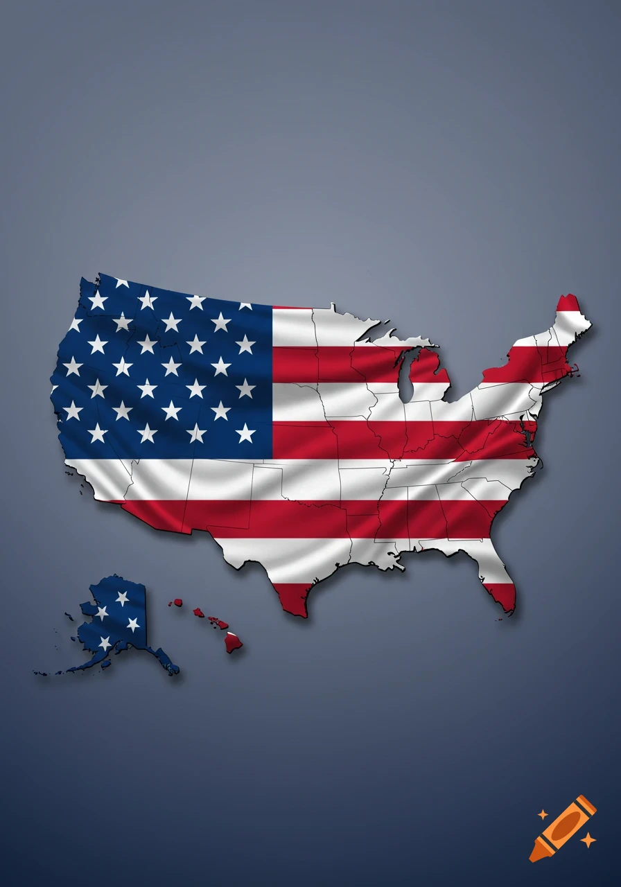 A map of the United States with its contiguous states, Alaska, and Hawaii, all filled with the American flag design.