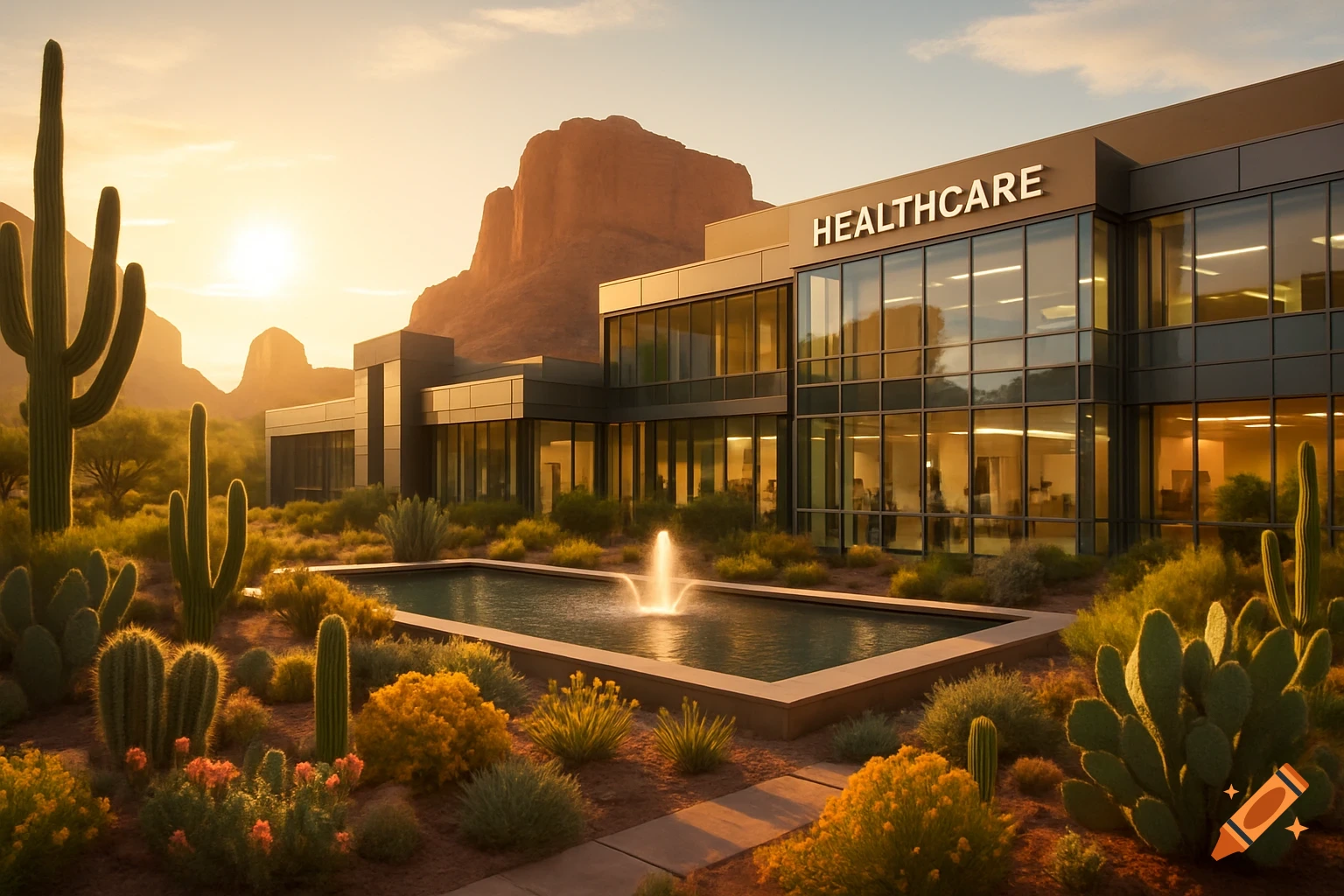 Modern healthcare building with 'HEALTHCARE' sign amidst desert landscape, saguaro cacti, and a fountain at sunset.