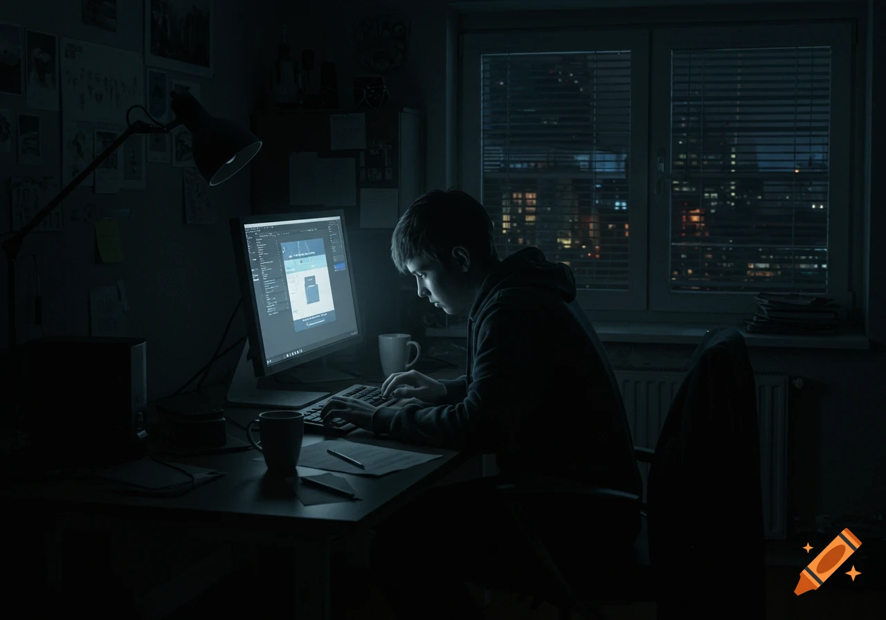 A young person sits in a dark room, illuminated by a computer screen, typing on a keyboard at night. City lights visible outside the window.