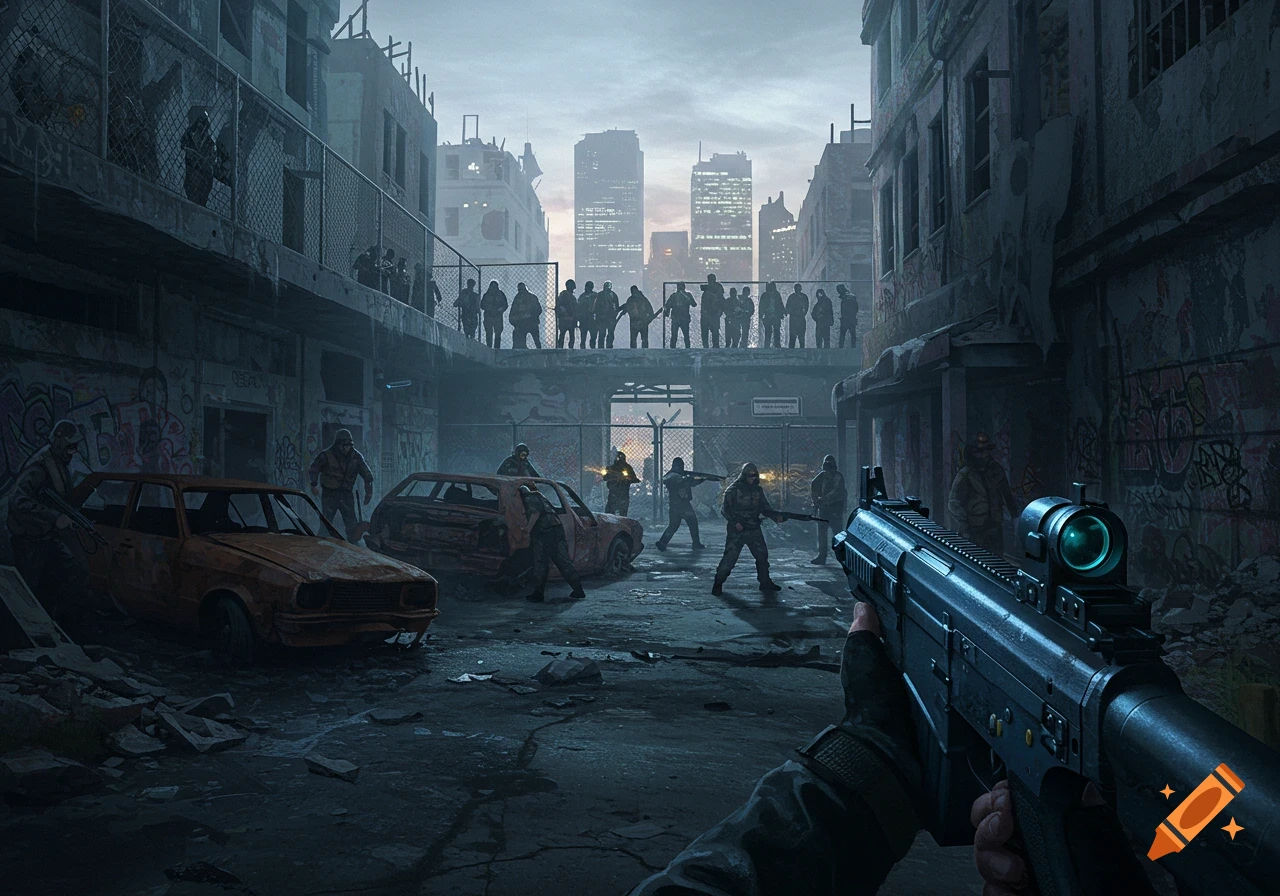 First-person perspective of a combat scene in a ruined city, holding a rifle, with soldiers and crowds of figures in the background.