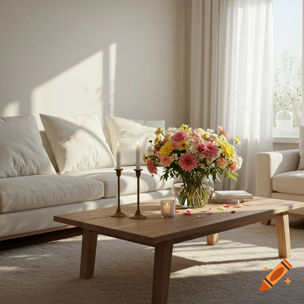 Sunlit living room with a white sofa, wooden coffee table, colorful flower bouquet, and lit candles, photorealistic.