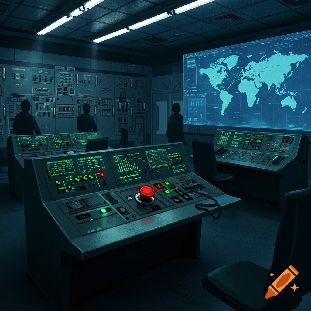 Dark, futuristic control room with glowing green consoles, a large world map projection, and silhouetted figures.