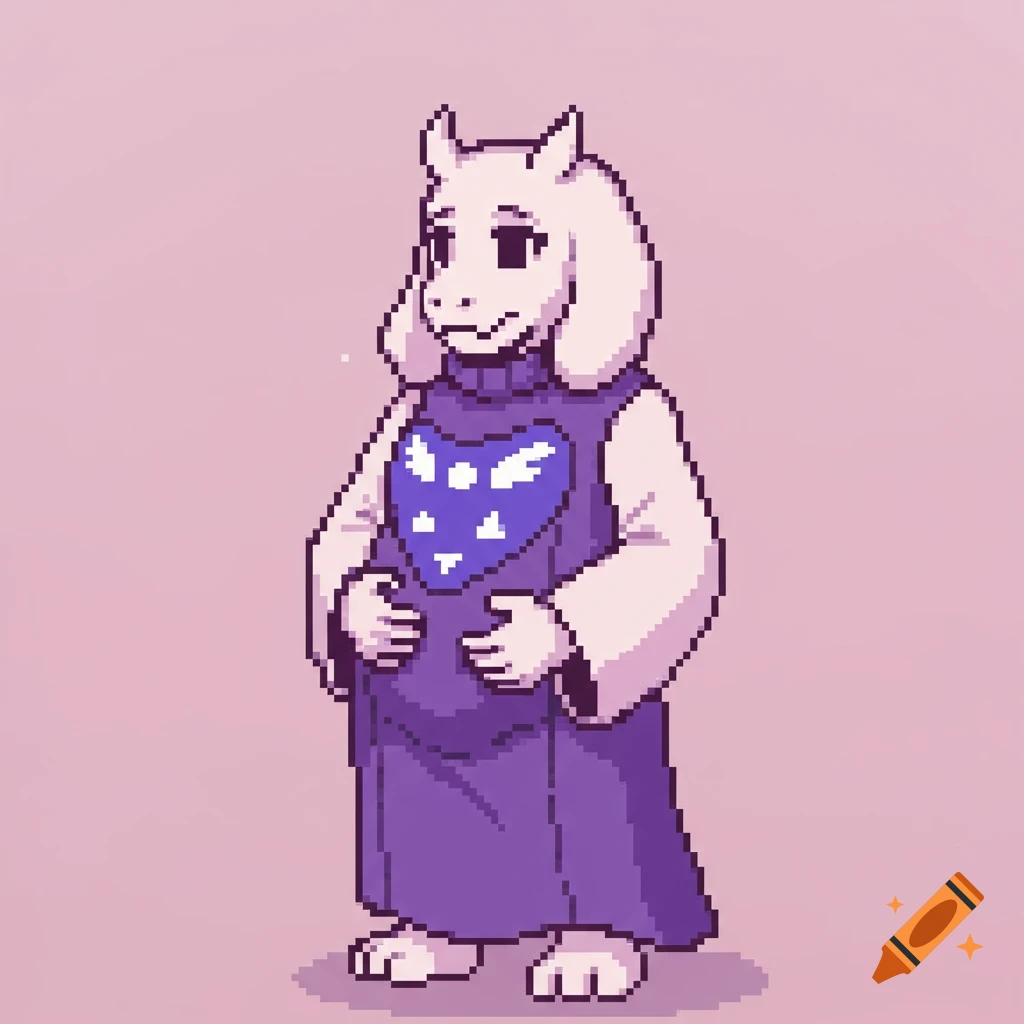 Pixel art sprite of pregnant Toriel from Undertale standing against a pink background.