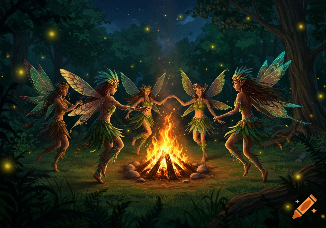 Five tribal fairies with leaf clothing and iridescent wings dance around a crackling bonfire in a dark, magical forest with glowing fireflies.