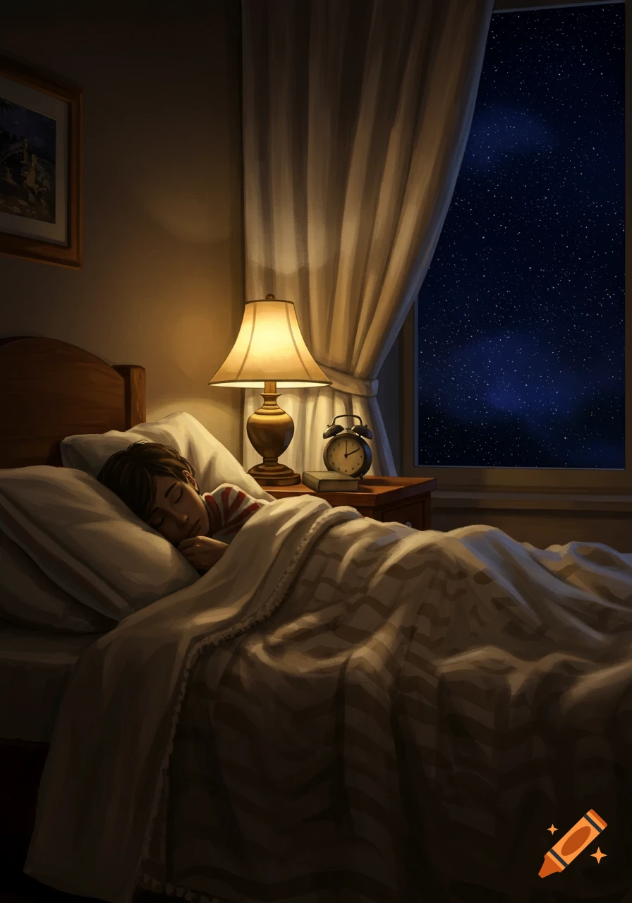 An illustrative image of a child sleeping peacefully in a cozy bedroom at night, illuminated by a warm bedside lamp with a starry sky visible outside the window.