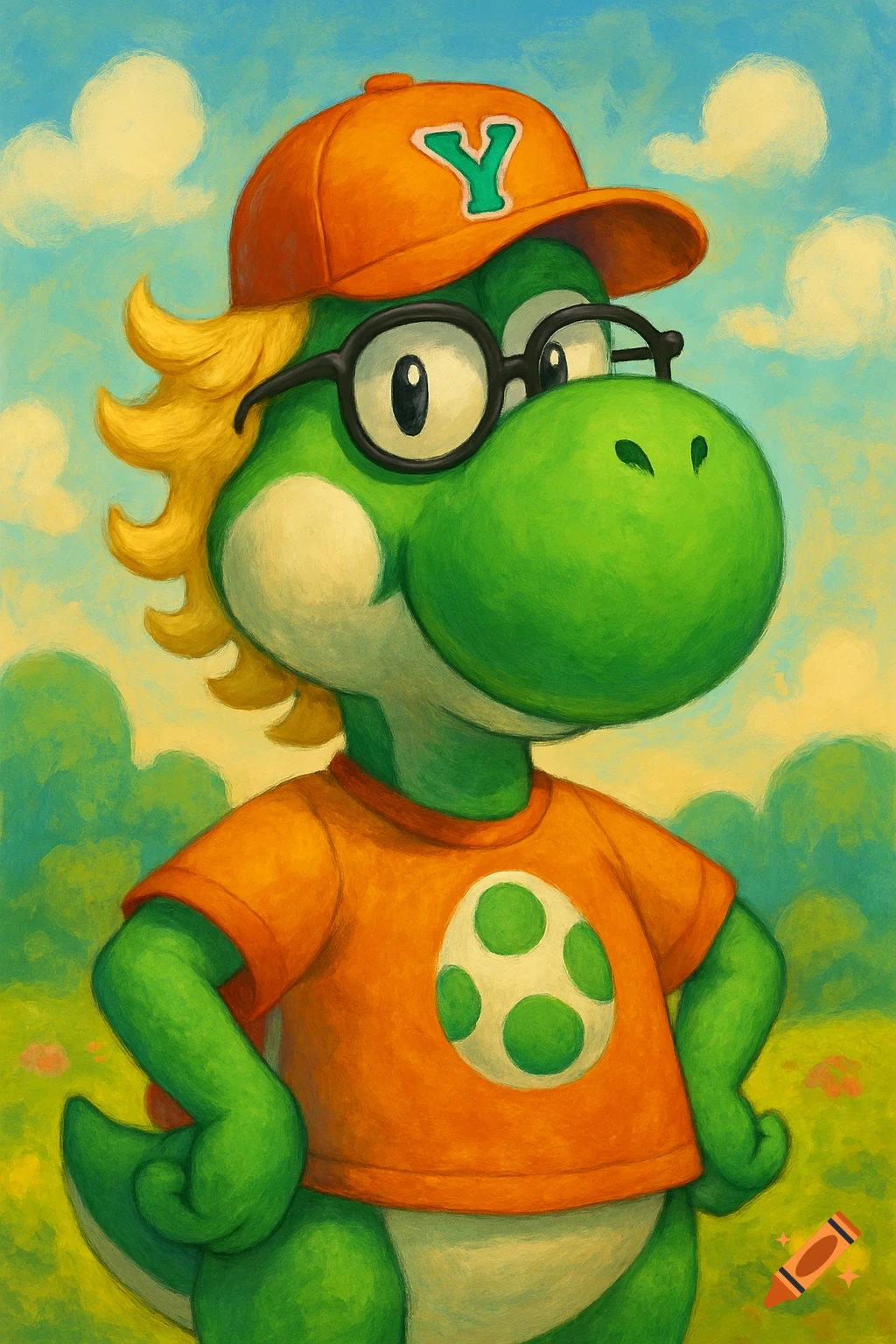 A green Yoshi wearing eyeglasses, a yellow wig, an orange baseball cap with a green 'Y', and an orange t-shirt with a Yoshi egg logo, painted in a vibrant, textured style.