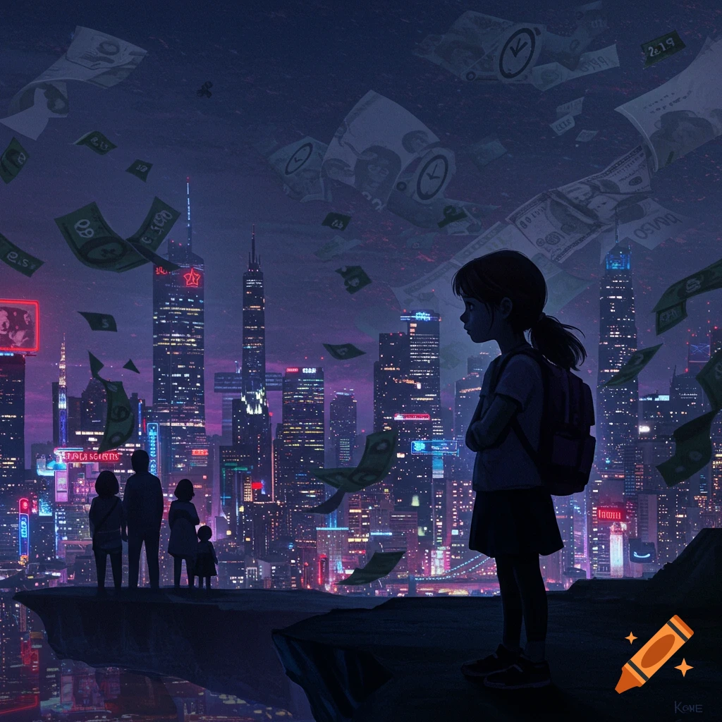 Digital art of a girl and a family watching money fall from the sky over a neon-lit futuristic city at night.