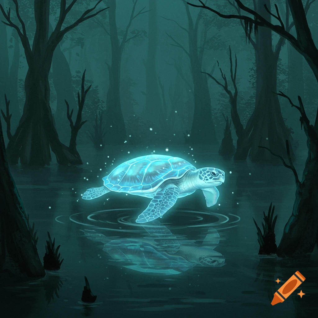An ethereal glowing blue turtle floats above the dark water of a misty, spooky swamp forest, with its reflection visible below.
