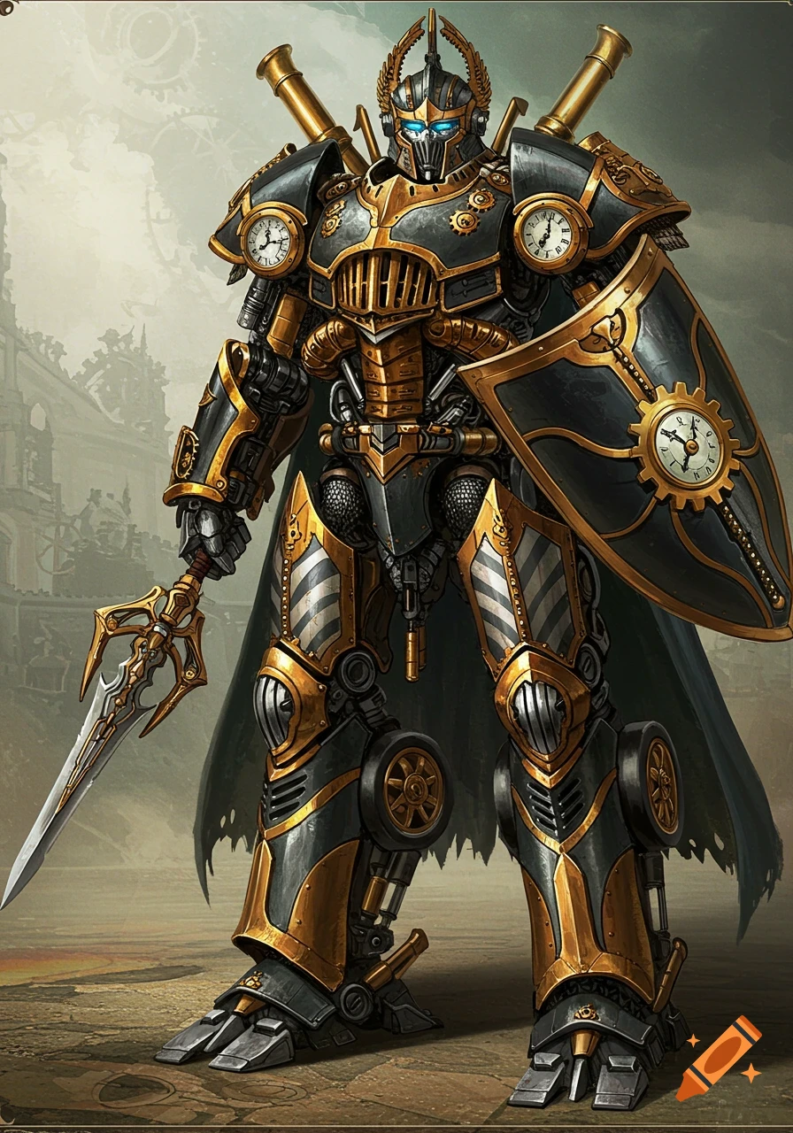A detailed, full-body illustration of a steampunk clockwork knight robot in gold and black armor, holding a sword and shield.