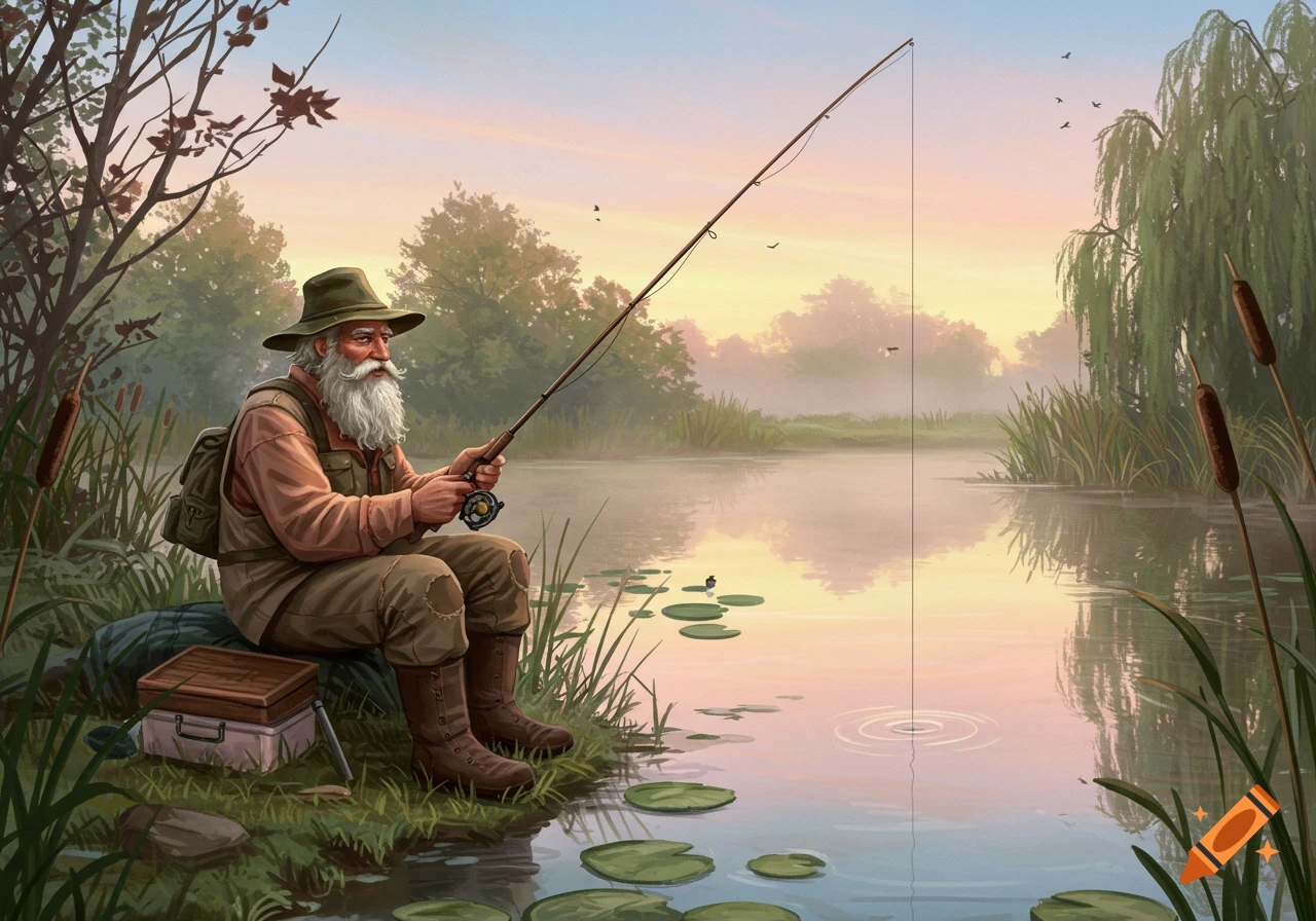 An old man with a long white beard and a hat sits by a calm lake, fishing in the soft light of sunrise.