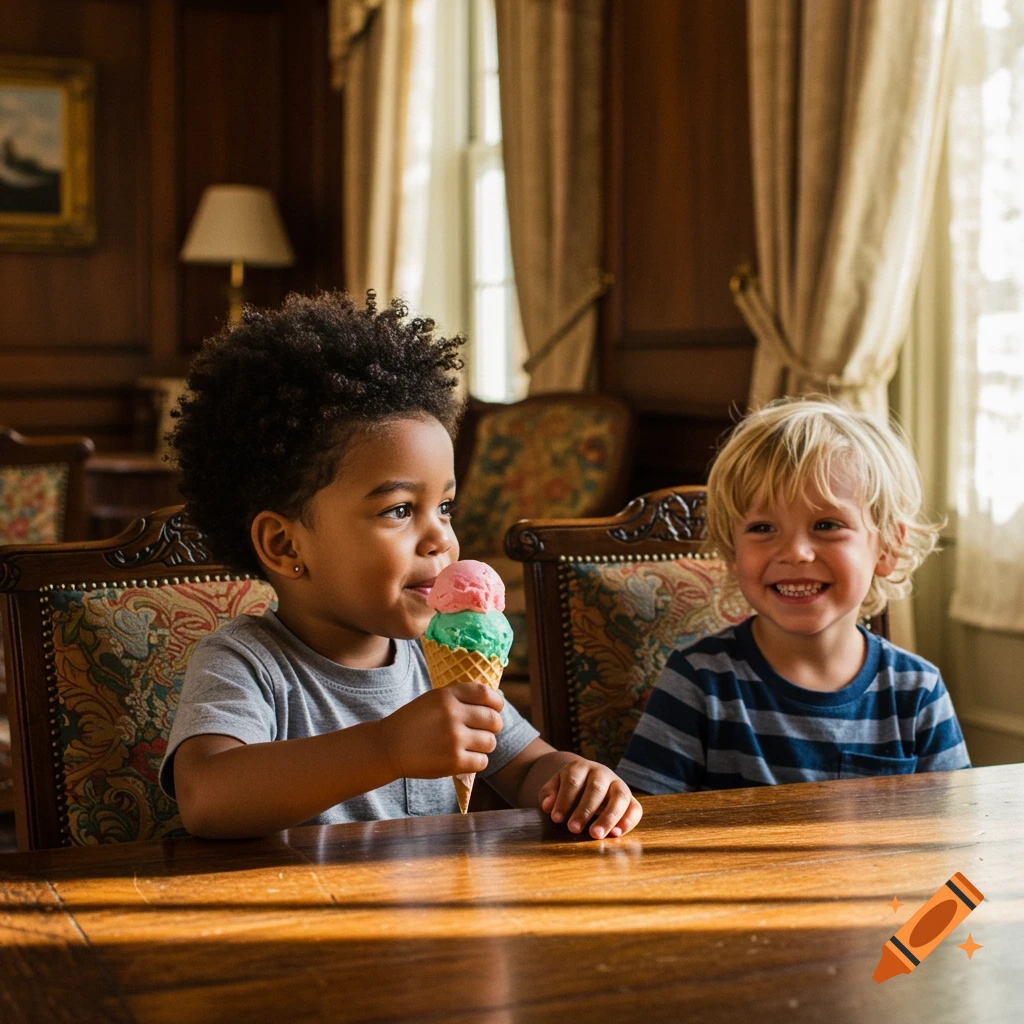 Two young boys at a wooden table, one with an Afro eating a pink and green ice cream cone, the other blonde boy smiling.