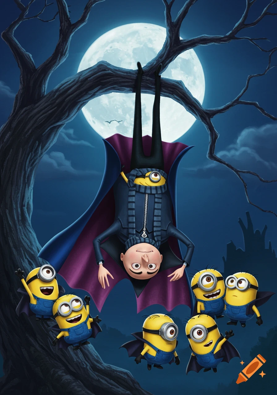 Gru as a vampire hangs upside down from a tree, surrounded by Minions in bat capes, against a full moonlit night sky in a cartoon style.