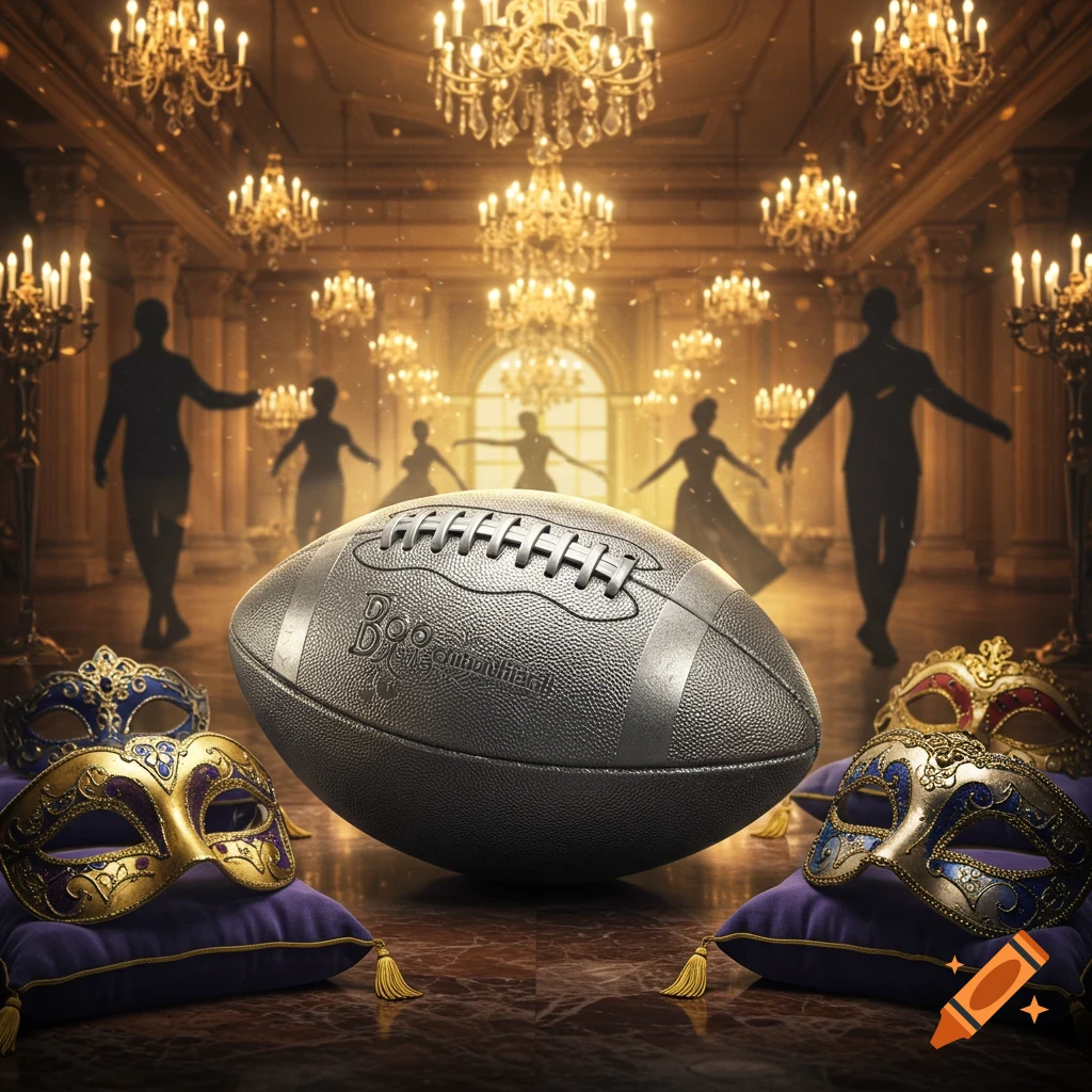A photorealistic football on velvet cushions with ornate masquerade masks in a grand ballroom. Silhouetted figures dance under sparkling chandeliers.