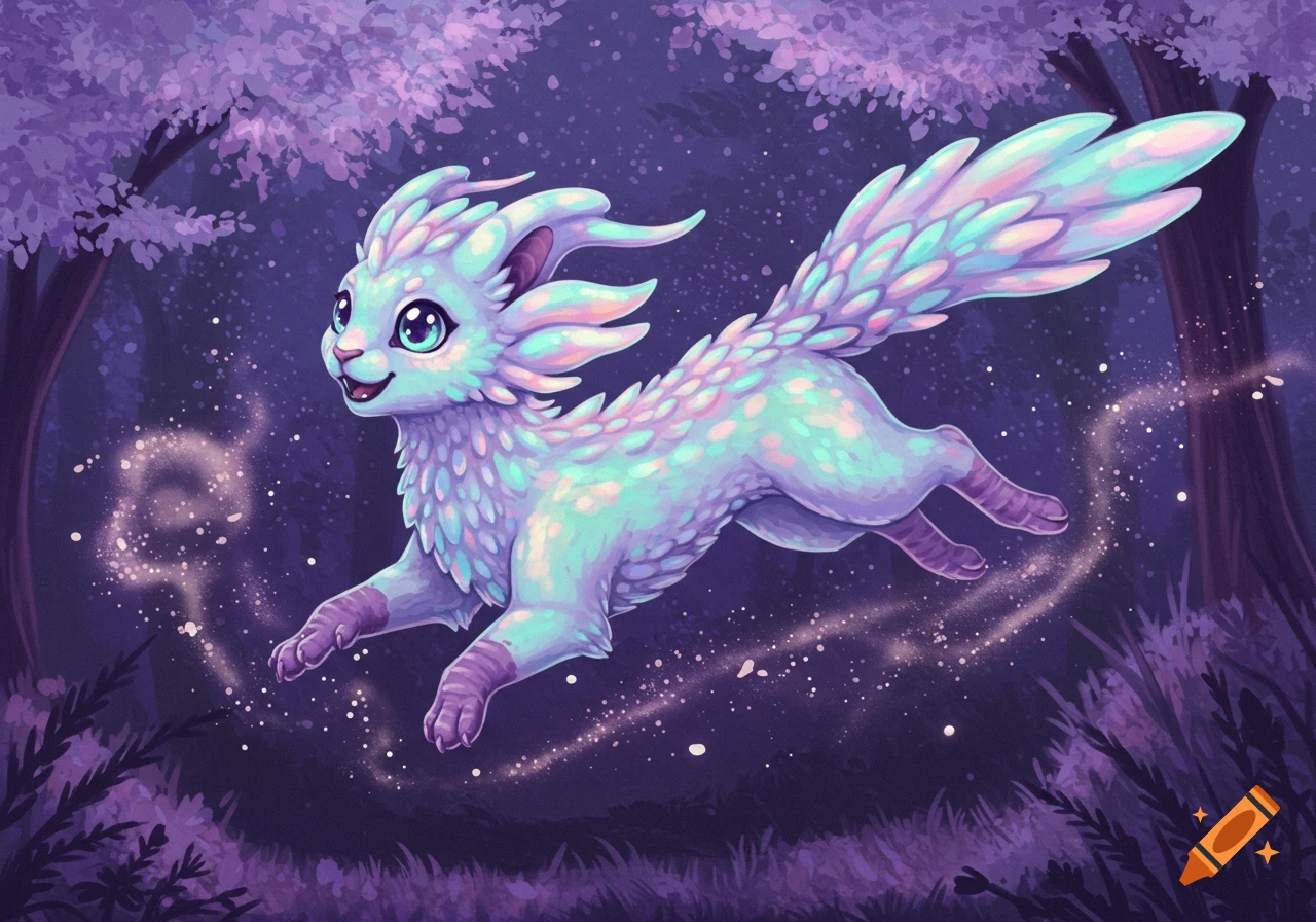 A cute, iridescent, feathery creature with big blue eyes leaps through a magical purple forest at night, leaving glowing trails.