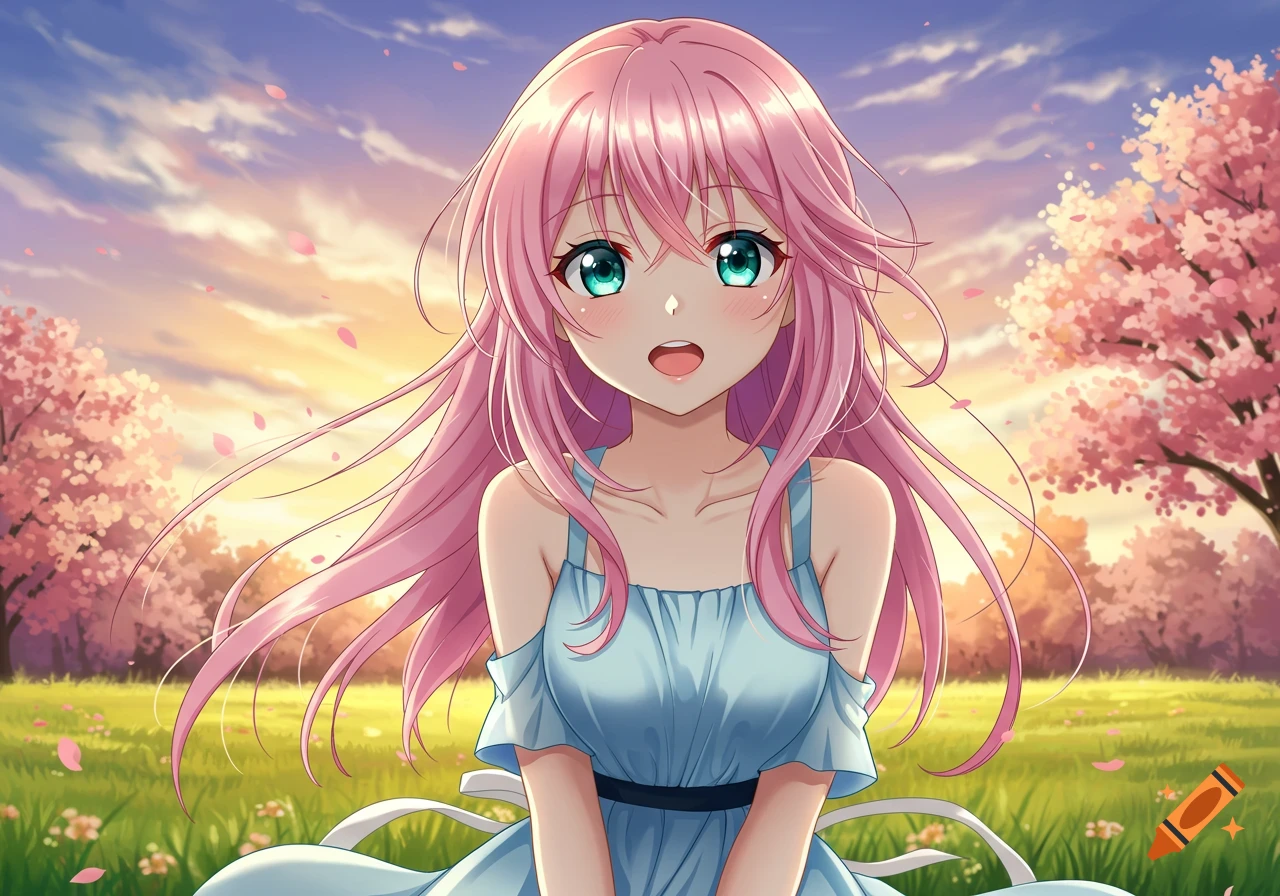Anime girl with pink hair and a light blue dress smiling in a field with cherry blossoms at sunset.