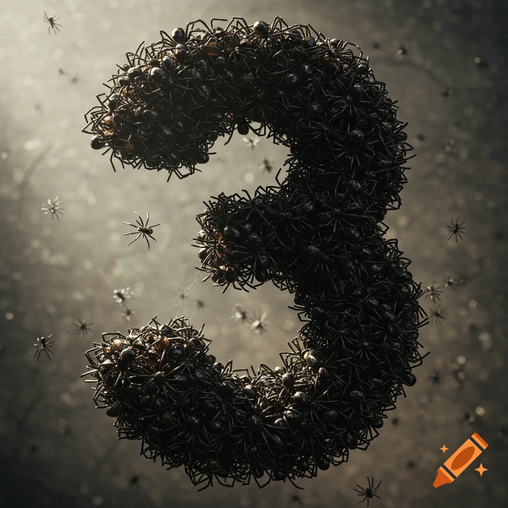 A large number 3 formed by a dense mass of dark, realistic spiders, with more spiders crawling in the shadowy background.