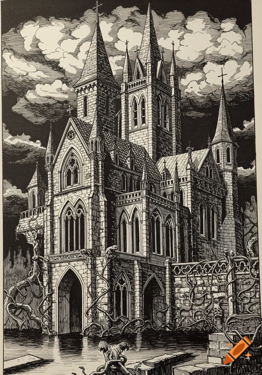 A detailed black and white ink drawing of a foreboding gothic castle with multiple spires, surrounded by gnarled roots and dark clouds.