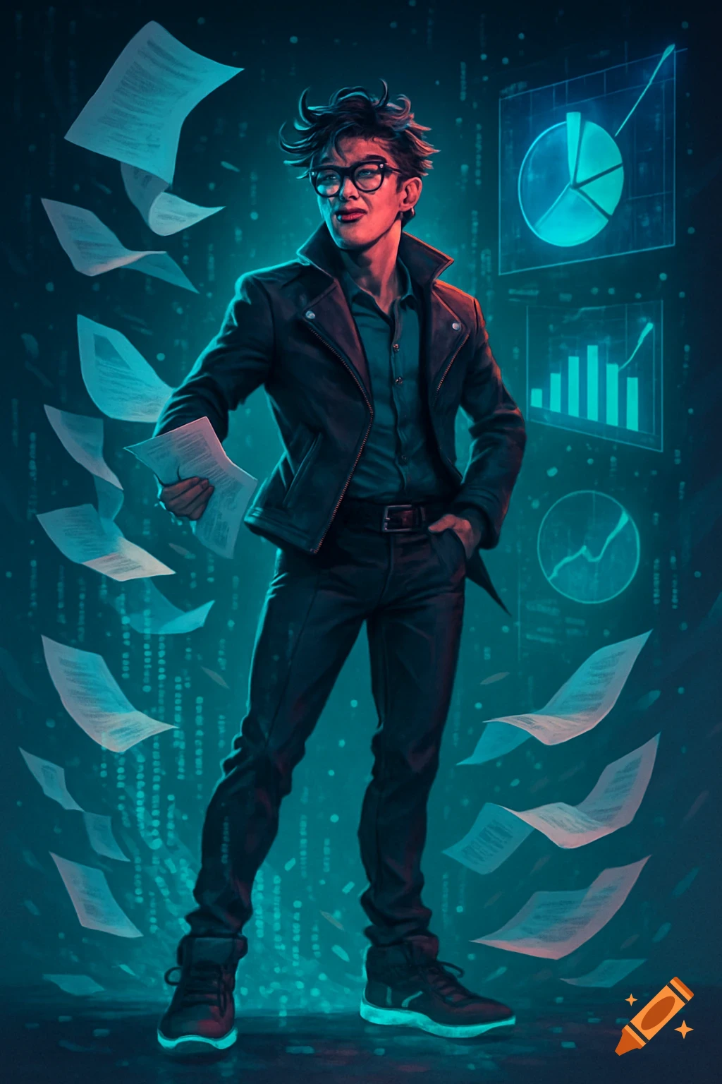 A stylized man in glasses and a leather jacket holds papers, surrounded by flying documents and glowing digital graphs on a blue tech background.