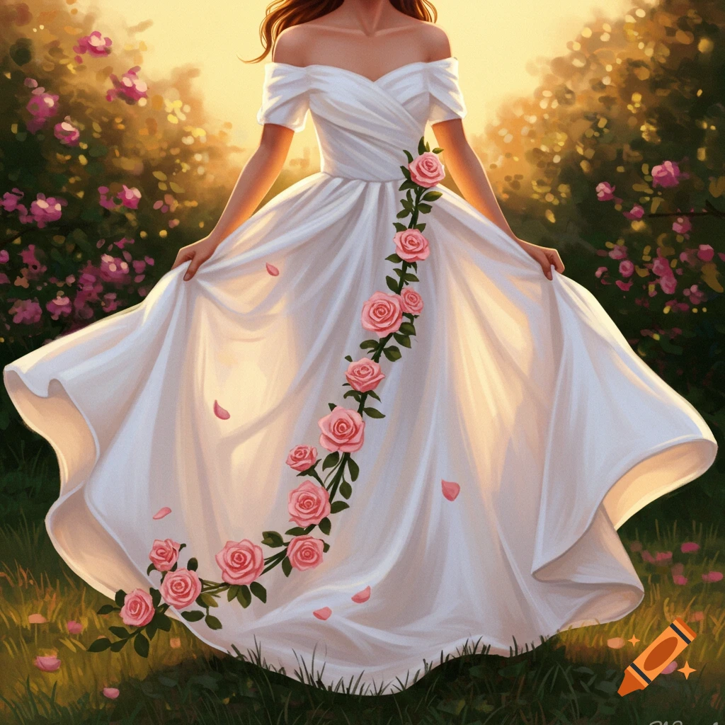 A woman in a flowy white off-the-shoulder dress with cascading pink roses stands in a sunlit garden, illustrative style.