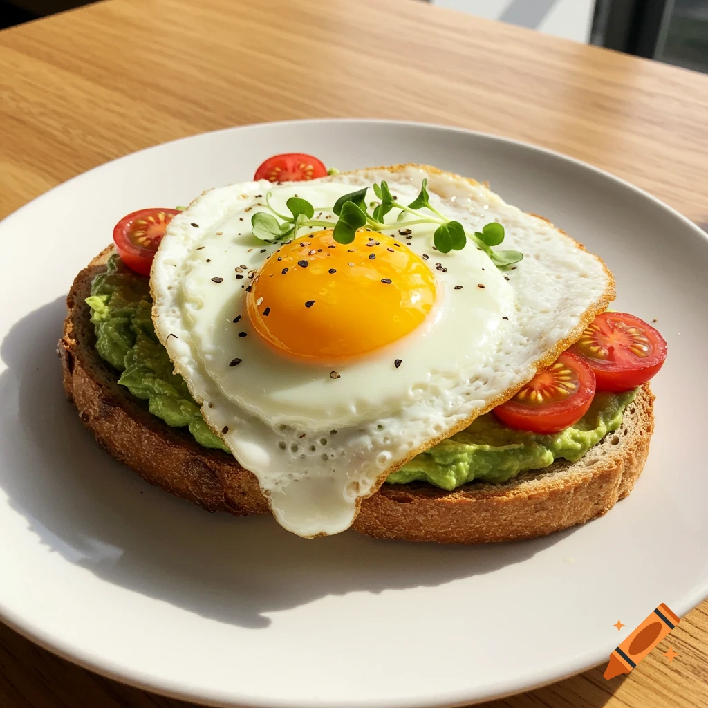 A sunny-side-up egg on avocado toast with cherry tomatoes and microgreens, on a white plate, bathed in natural light.