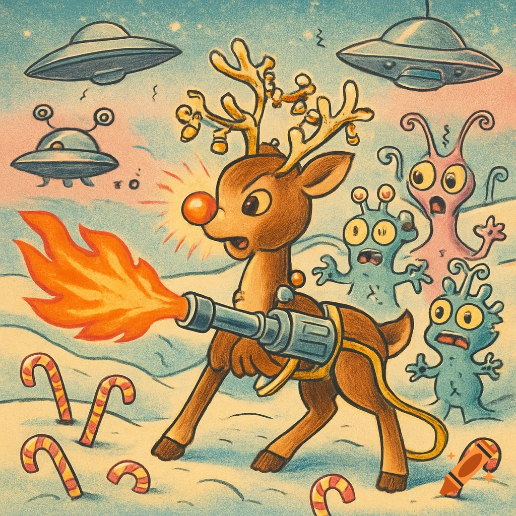 Cartoon Rudolph with a flamethrower fights scared aliens in a snowy, candy-cane filled scene, vintage coloring book style.