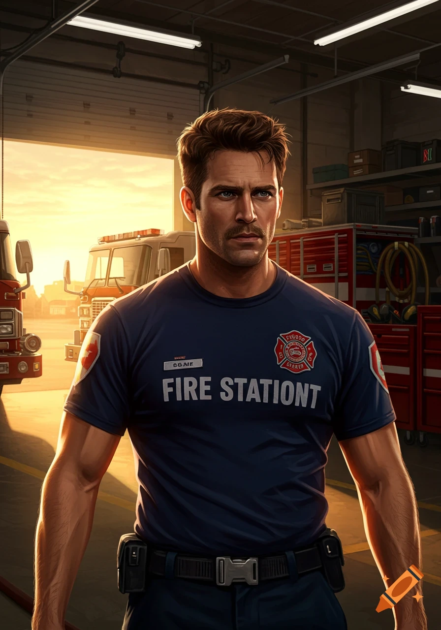 A male firefighter with a mustache in a navy blue uniform t-shirt stands inside a fire station at sunset.