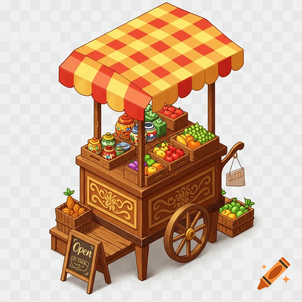 A cartoon isometric wooden shop cart with a red and yellow checkered awning, selling fruits and goods, with an 'Open' sign.