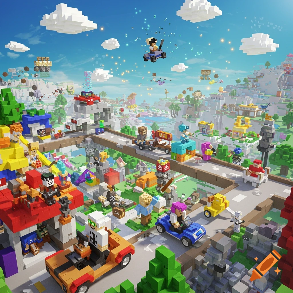 A vibrant, expansive voxel art world with blocky characters, vehicles, and buildings under a bright blue sky, similar to Roblox.