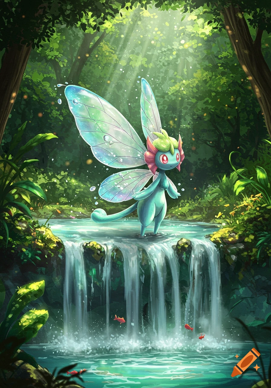 A light blue, fairy-like Pokémon with translucent wings stands in a river with waterfalls in a vibrant green forest.