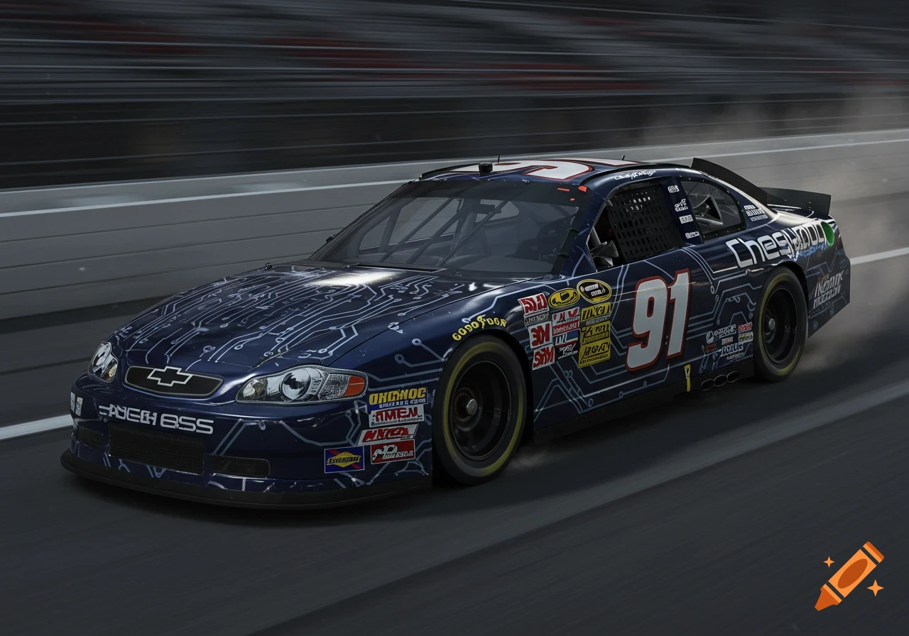 A dark blue NASCAR race car with a circuit board pattern livery and the number 91 speeds on a track.