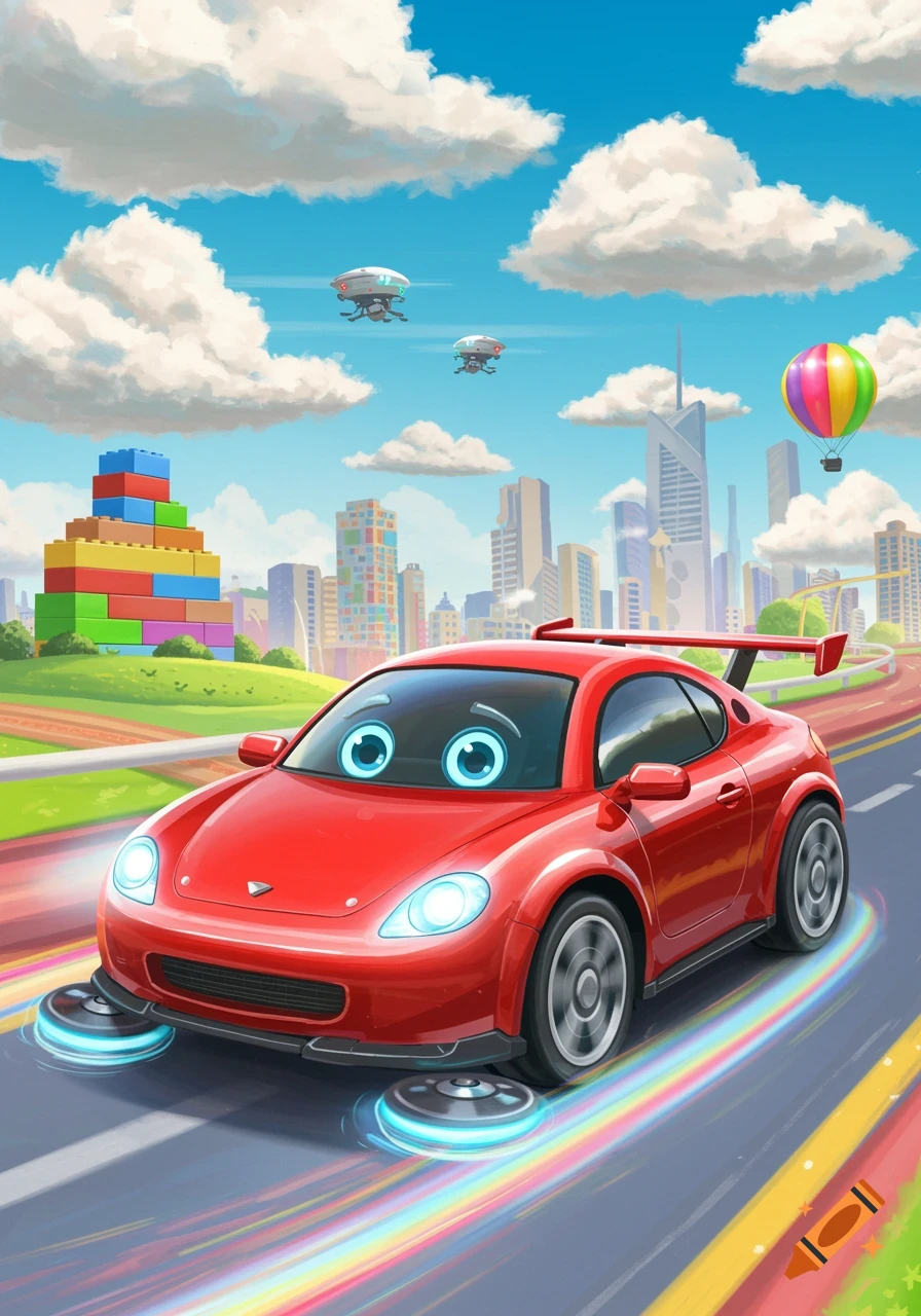 A red cartoon car with large blue eyes hovers on a road through a colorful, futuristic city with Lego-like buildings and flying drones.