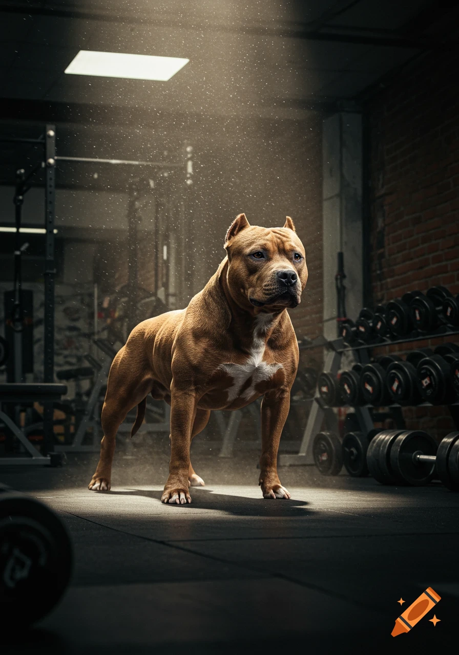 A muscular brown pitbull stands in a dimly lit gym with weights and dust particles illuminated by a spotlight, photorealistic.