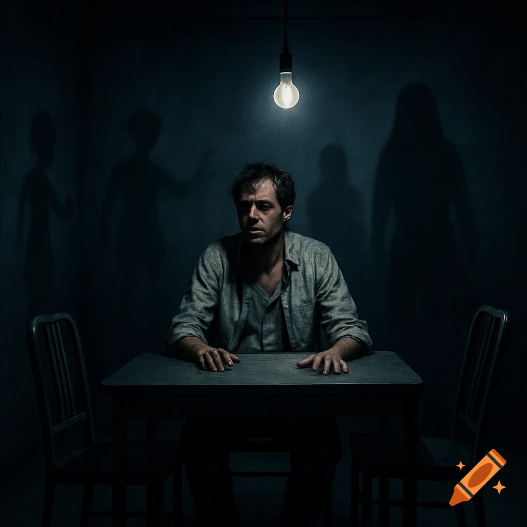 Distressed man sits at a dark table under a single hanging lightbulb, with ghostly shadows in the background, in a dramatic, photorealistic style.