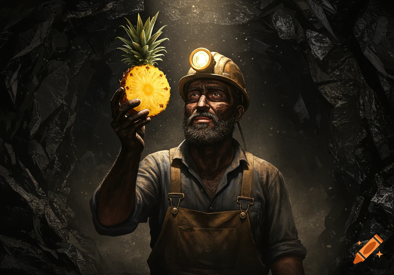 A rugged coal miner in a dark mine holds up and admires a halved pineapple, illuminated by his headlamp.