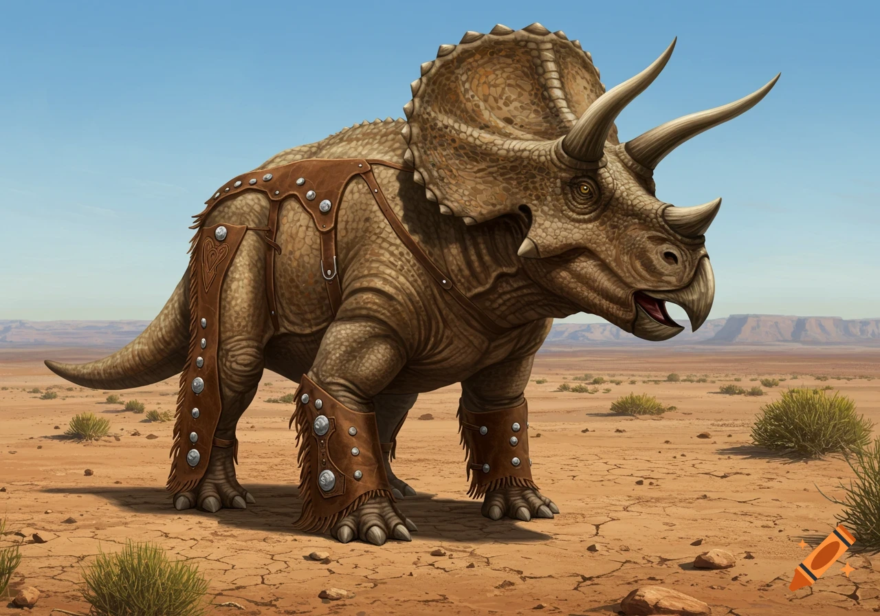 A detailed illustration of a triceratops wearing leather chaps, standing in a sunny desert landscape.