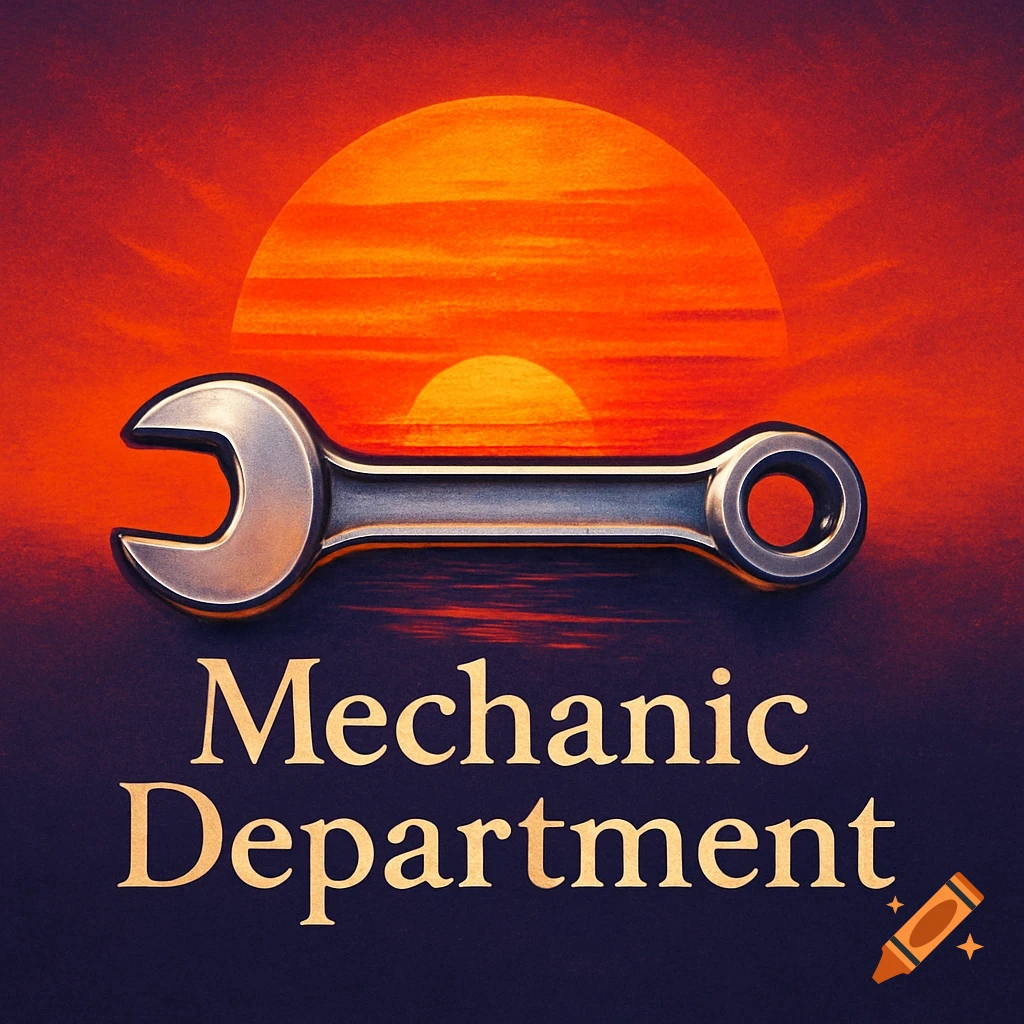 A chrome wrench is centered against a vibrant orange and red sunset over water, with the text "Mechanic Department" in gold below.
