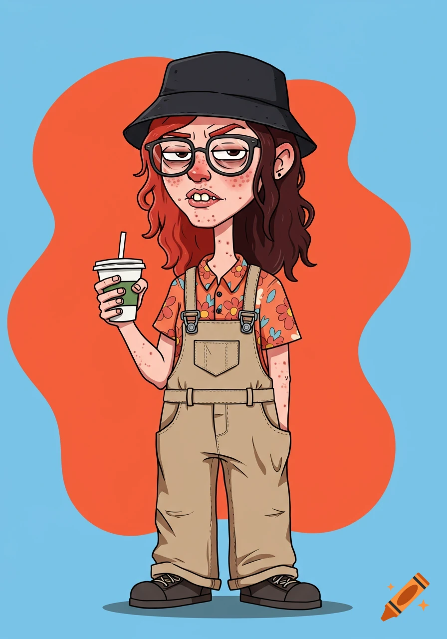 Cartoon of a woman with buck teeth, pimples, and two-tone hair, wearing a bucket hat, overalls, and floral shirt, holding a drink.