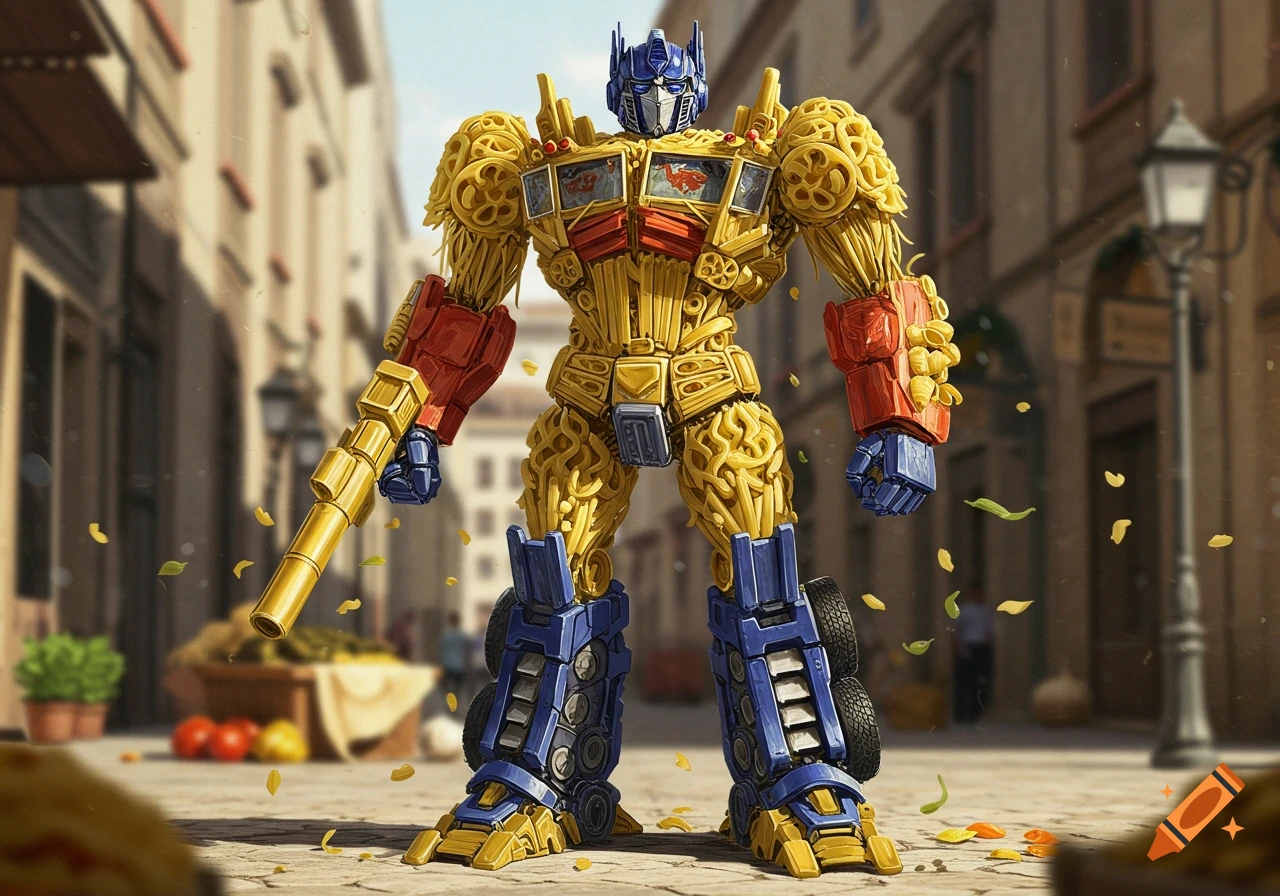 Optimus Prime made entirely of various pasta shapes, standing in a sunlit Italian-style street, with scattered pasta on the ground. Photorealistic style.