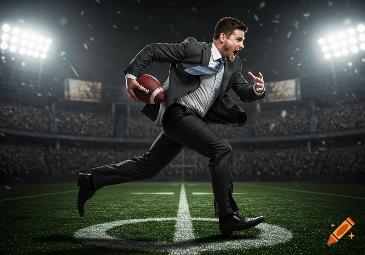 A businessman in a suit runs with a football on a stadium field under bright lights, photorealistic.