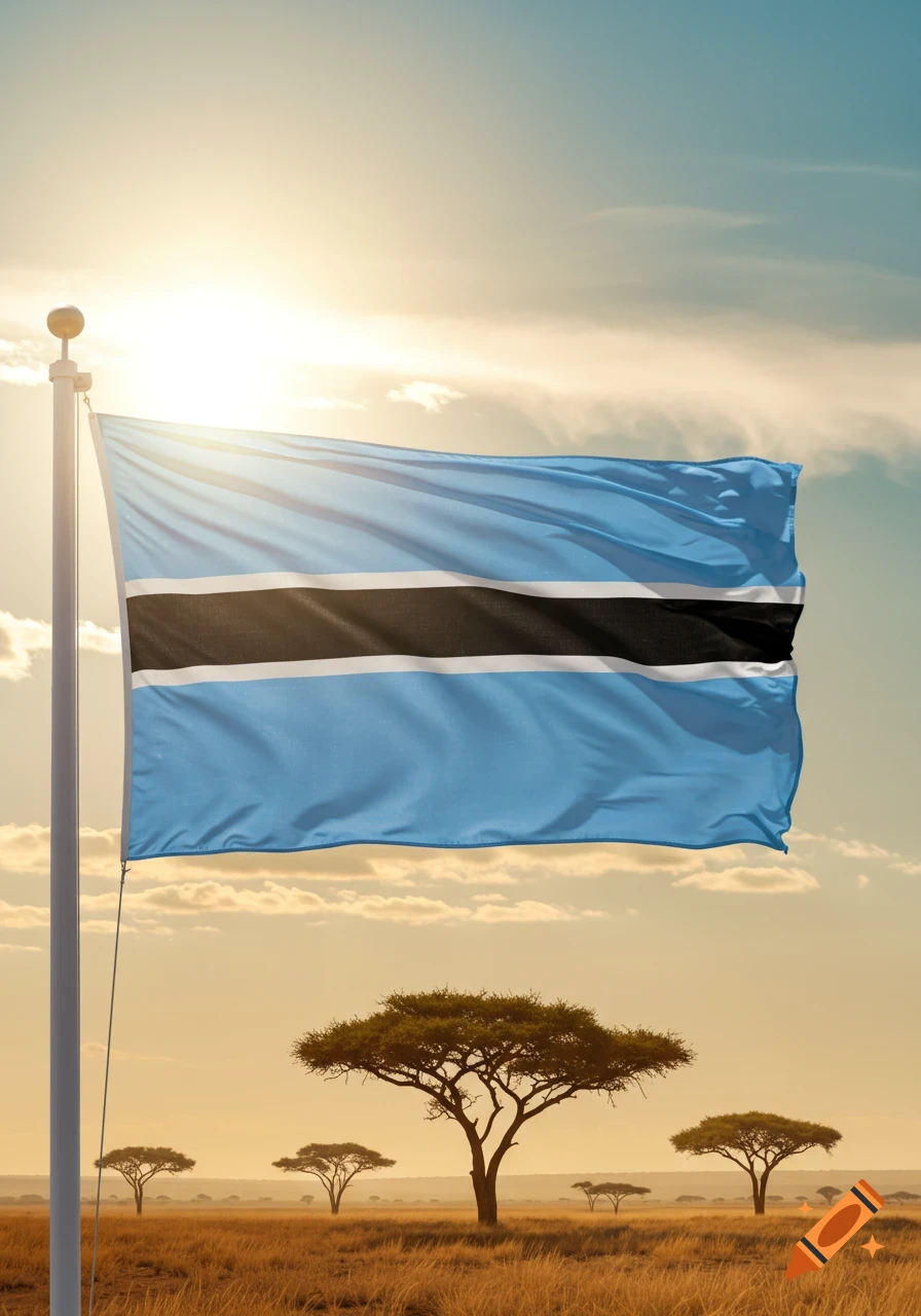 The Botswana flag waves in a golden sunset over a savanna with acacia trees in a photorealistic style.