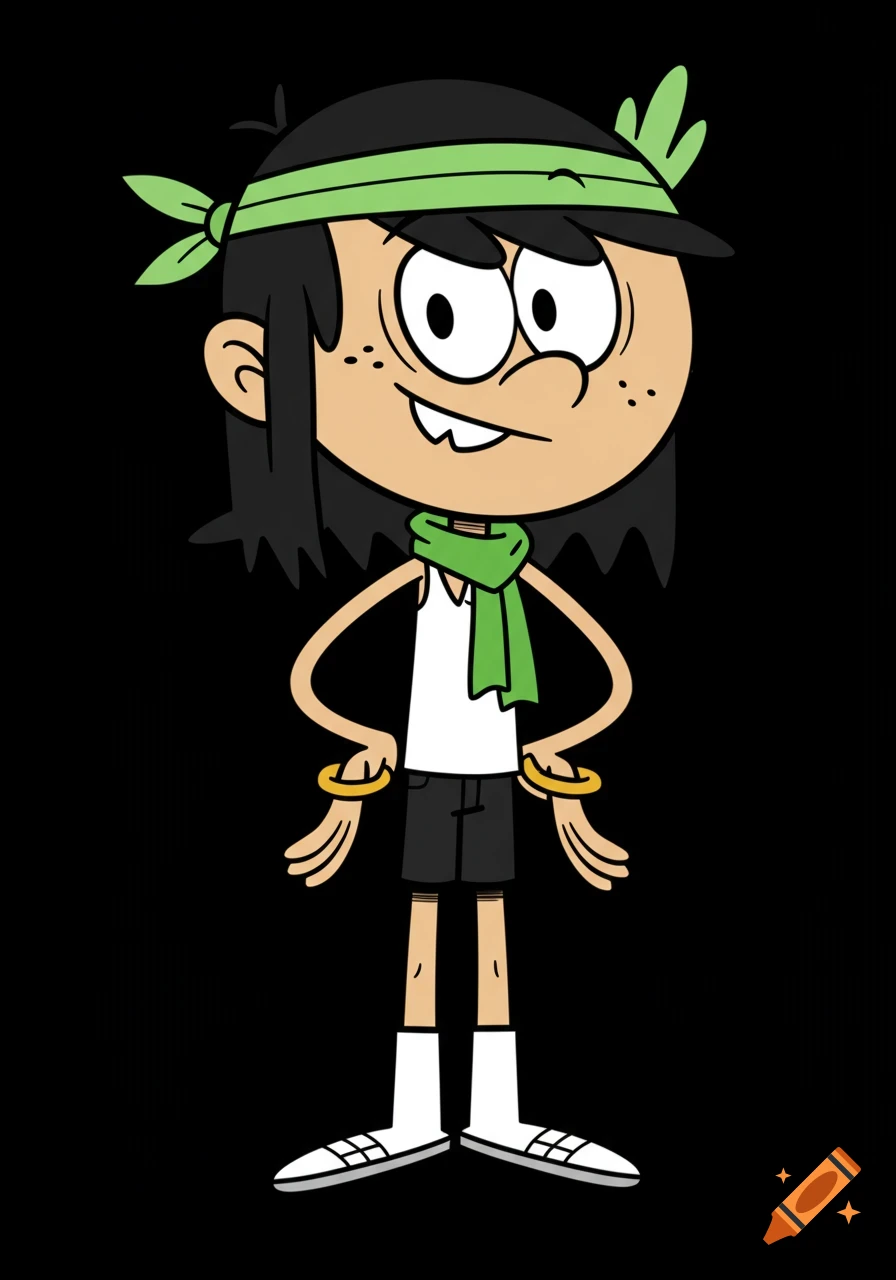 A cartoon boy with black hair, freckles, a green headband, green scarf, white tank top, black shorts, gold bracelets, and white boots.
