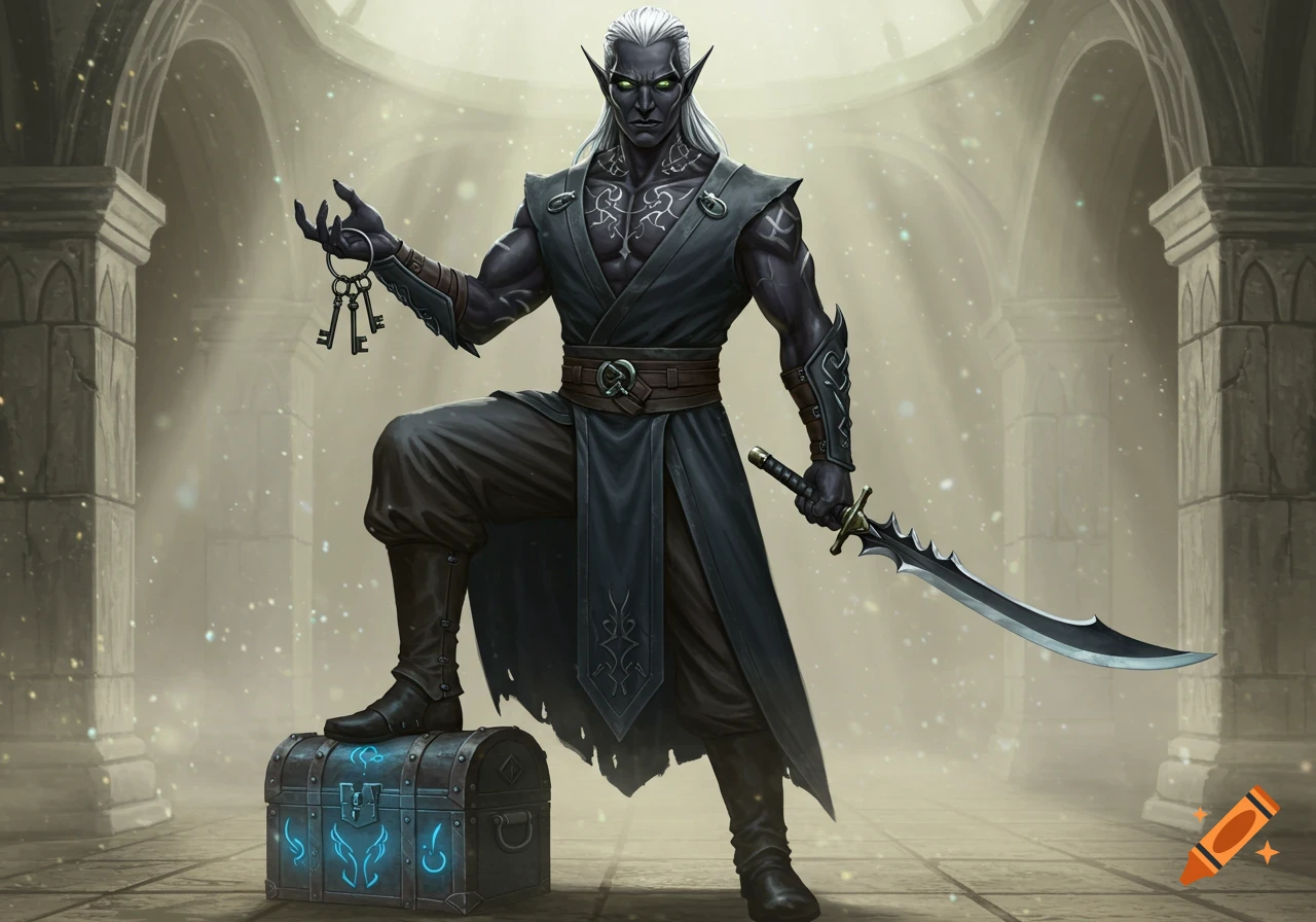 A dark elf with white hair and glowing green eyes stands with one foot on a glowing treasure chest, holding keys and a sword in a misty chamber.